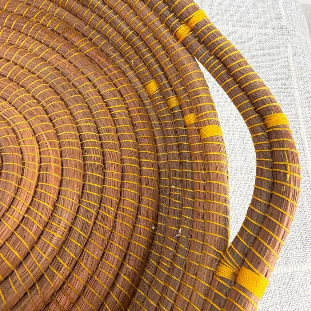 Pine Needle Woven Basket Yellow‎ Brown Cottagecore Round Basket 2 Handles 11